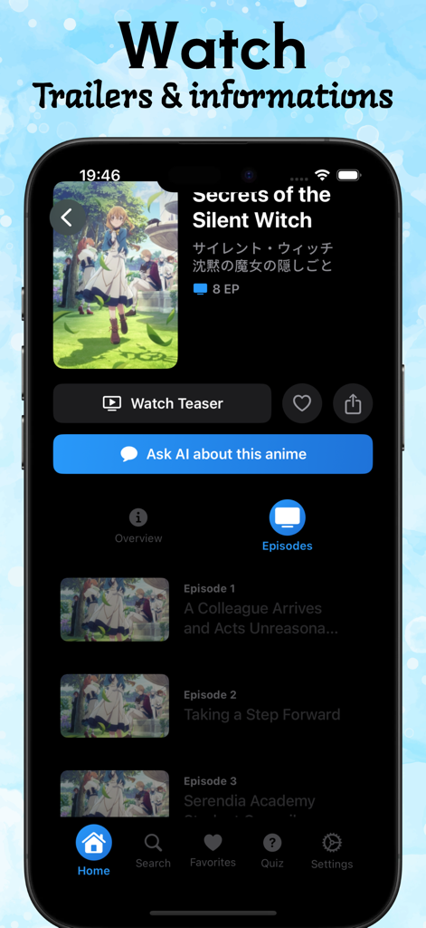 Animix: Explore Animekai Anime - Interface of the Animix app displaying anime information and an episode list for Secrets of the Silent Witch.