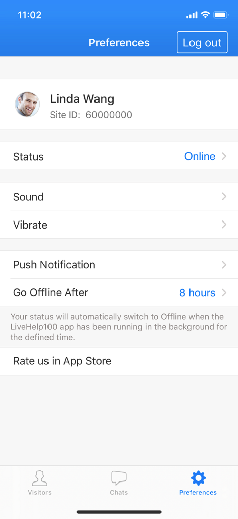 Preferences screen of the LiveHelp100 Live Chat app showing status and notification options.