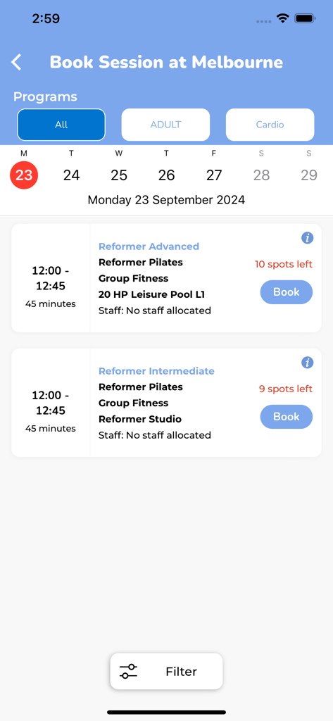 Active World - Active World mobile app screen showing available reformer pilates sessions for booking