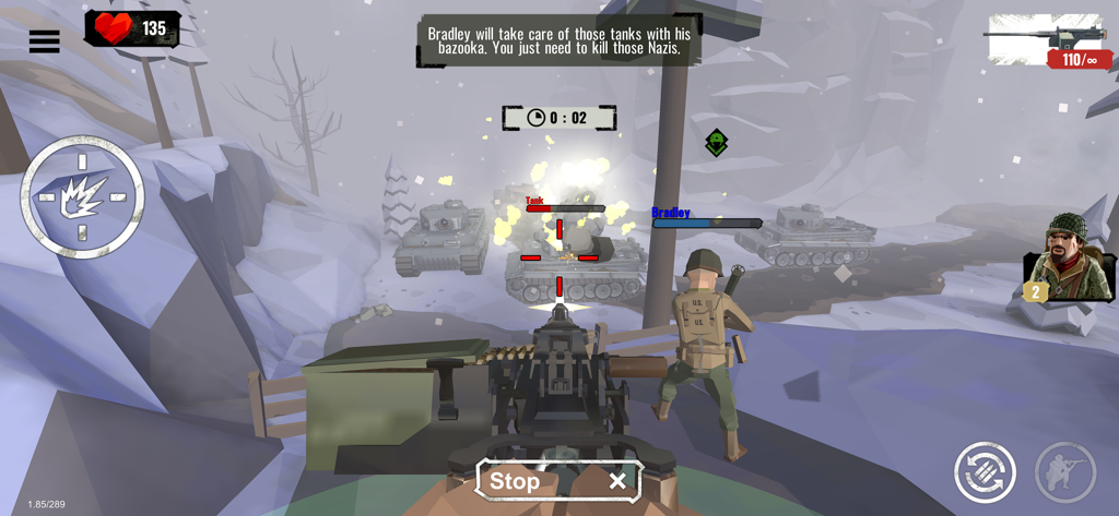 World War Polygon- WW2 shooter - Jugabilidad de shooter en primera persona en World War Polygon con gráficos low poly y un soldado luchando contra tanques en un entorno nevado