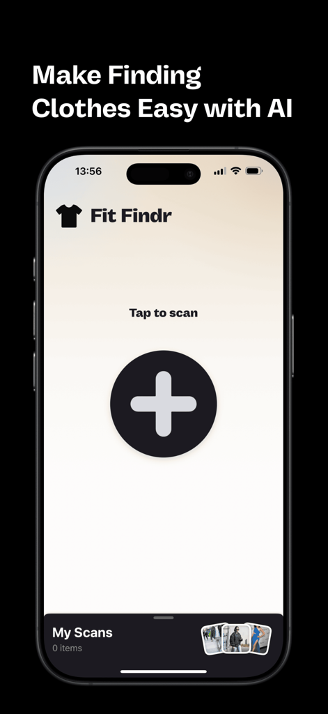 Fit Finder - Clothing Scanner - Fit Finder Mobile App-Oberfläche mit einem KI-gestützten Kleidungsscanner und einer 'Tap to Scan'-Schaltfläche.