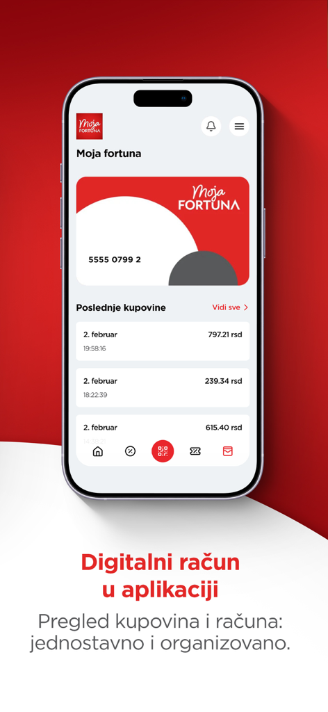 Moja Fortuna - Smartphone screen showing the Moja Fortuna app with a digital loyalty card and purchase history