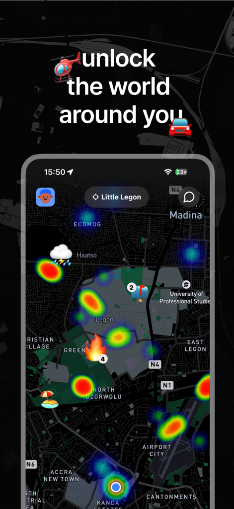 fren fren: people around you - La interfaz de la aplicación fren fren que muestra un mapa de calor en tiempo real de la actividad local y los puntos de interés en una ciudad.