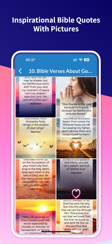Holy Bible NIV - Audio & Verse - Una pantalla de aplicación móvil que muestra una cuadrícula de versículos bíblicos inspiradores junto con hermosas imágenes de la naturaleza para compartir.