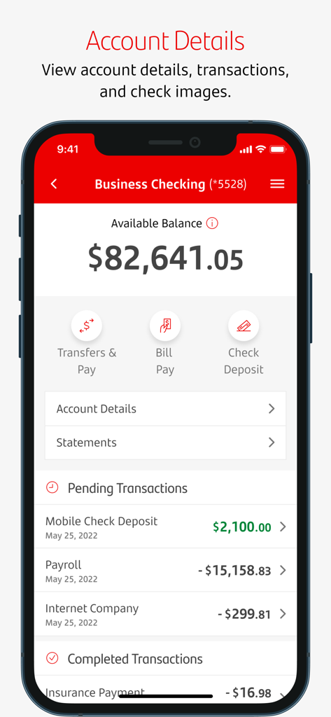 Santander Business Banking - Santander Business Banking app account details screen showing balance and transactions