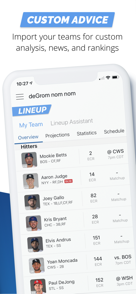 Fantasy Baseball My Playbook app interface showing a team lineup with custom player advice and expert consensus rankings.