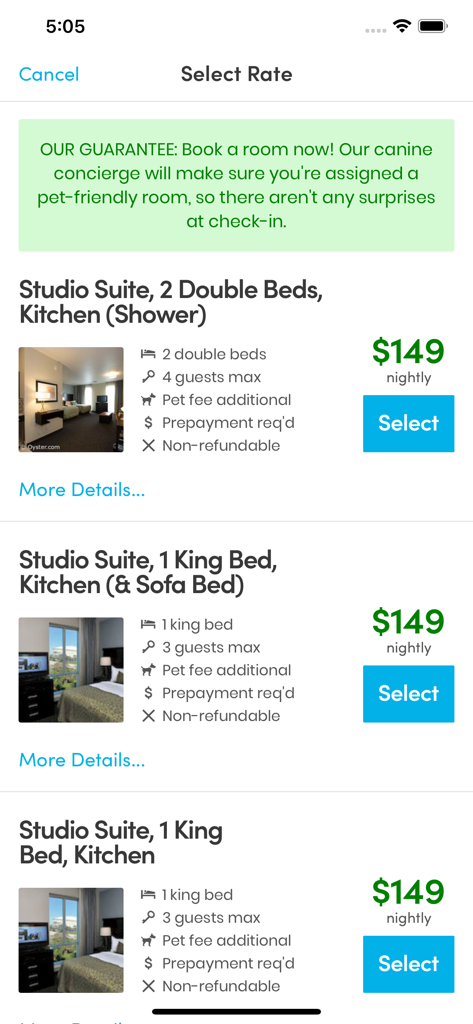 BringFido app screen showing different hotel room rates and a pet friendly booking guarantee message