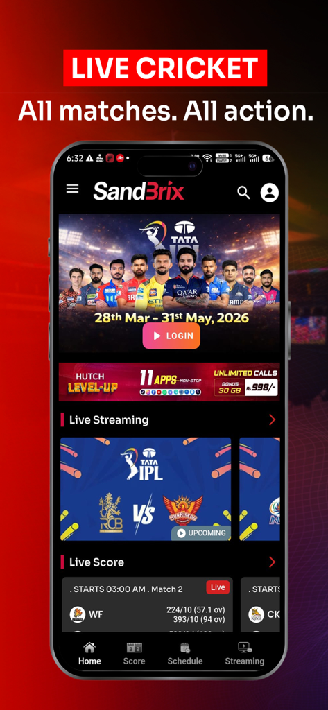 Sandbrix - Sandbrix mobile app home screen showing live cricket streaming and real-time match scores
