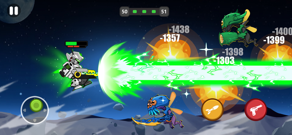 Mech Warrior: Battle Game - A white mech firing a massive green laser beam at green alien insects in a space battle.