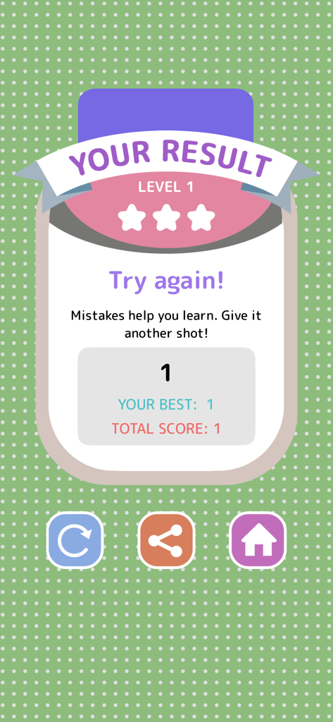 Science Quiz - Game - 1점과 다시 시도하라는 격려 메시지가 표시되는 과학 퀴즈 게임의 결과 화면.