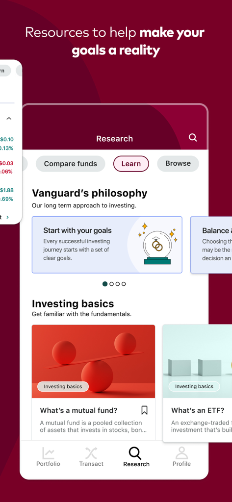 Vanguard: Save, Invest, Retire - Vanguard app Research screen showing educational resources and investing basics for long term investors