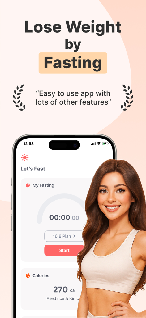 Water Fasting App - Easy Fast - A woman smiling next to an iPhone showing the Easy Fast intermittent fasting tracker interface.