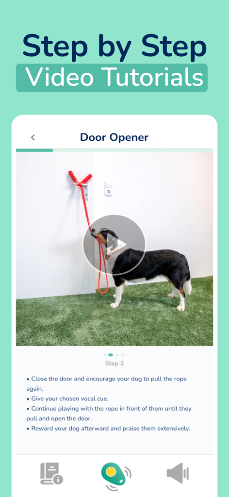 Hundeo - Dog Training & Tricks - Hundeo app screen showing a step by step video tutorial for teaching a dog to open a door
