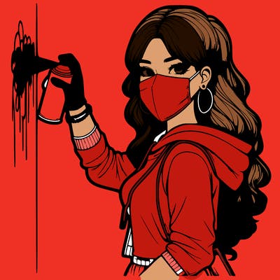 realistic girl with mask spray painting a wall