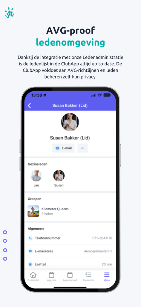 ClubApp - Mobile screen showing a member profile in ClubApp with family details, group memberships, and contact information.