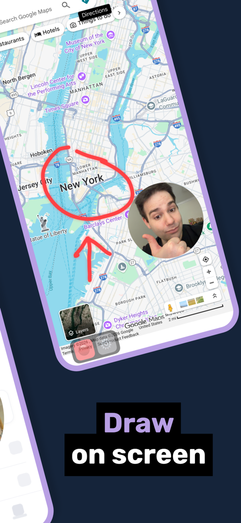 Face Cam Screen Recorder Pro - Captura de tela do Face Cam Screen Recorder Pro mostrando o recurso de desenho na tela com uma sobreposição de câmera frontal ao vivo em um mapa.