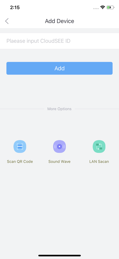 CloudSEE Int'l Pro - CloudSEE Int'l Pro app screen for adding a new security device using Cloud ID QR code or LAN scan