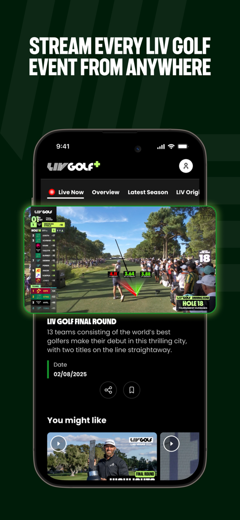 The LIV Golf mobile app interface displaying a live tournament stream with real-time shot tracking data