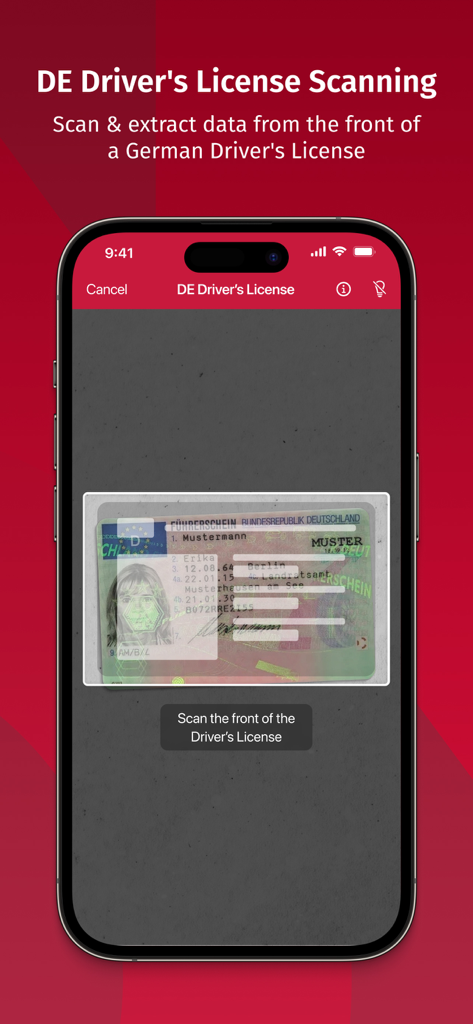 Scanbot SDK app interface demonstrating German driver's license data extraction on a smartphone