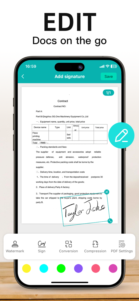 スマートフォンで契約書にデジタル署名を追加するPDFスキャナーアプリのインターフェース