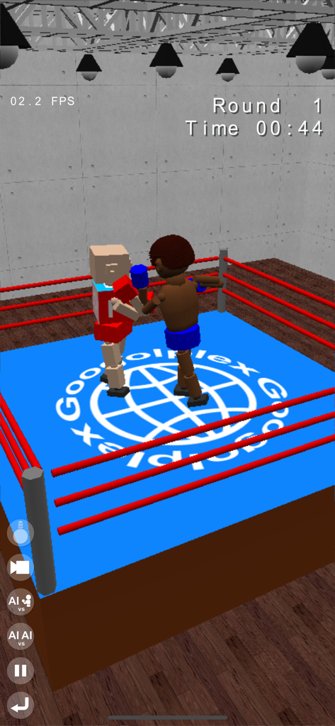 Two blocky ragdoll boxers fighting in a blue 3D ring