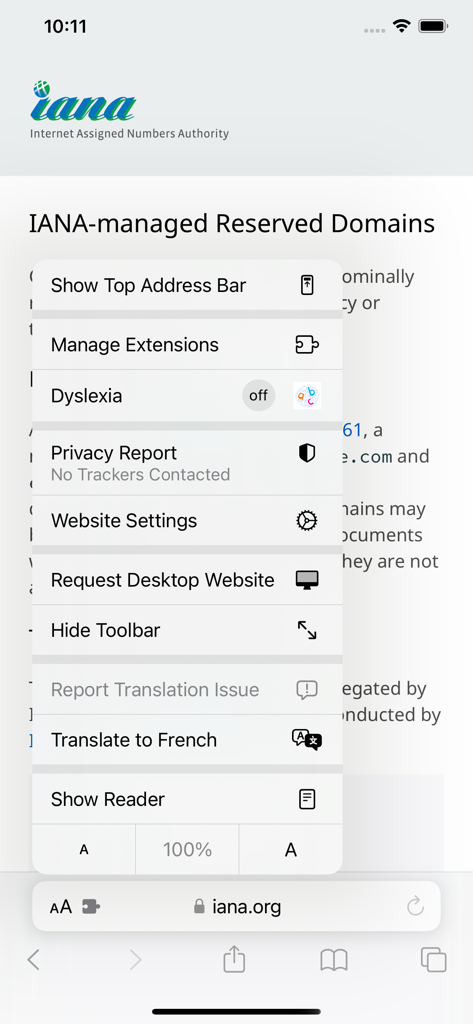 Safari menu on iPhone showing the Dyslexia extension toggle