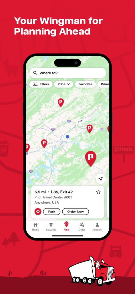 Pilot: myRewards - Pilot myRewards app map view showing multiple Pilot Travel Center locations and a trip planning interface