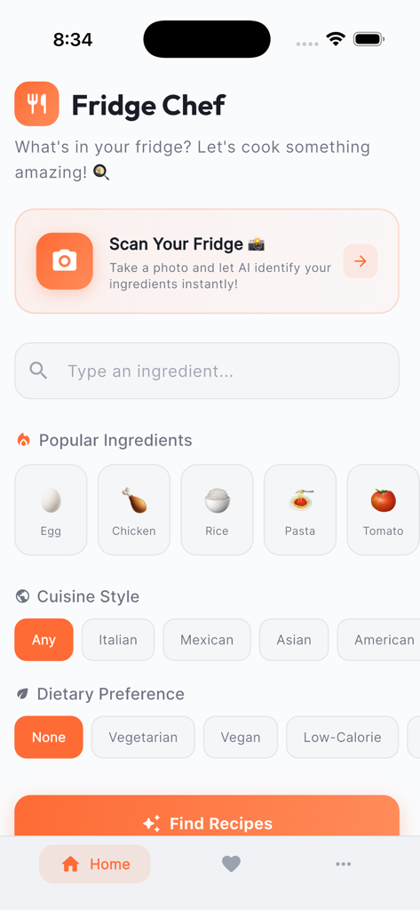 Tango Epicurean Alchemy - Main interface of the Fridge Chef app showing the AI fridge scanner button and filters for ingredients, cuisine styles, and dietary preferences