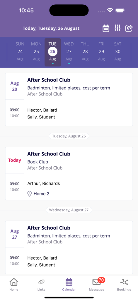 A mobile calendar screen from the SchoolsBuddy 2.0 app displaying a daily schedule for after school clubs like badminton and book club