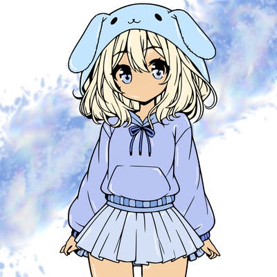 pretty anime girl wearing a fluffy hoodie with bunny ears on the hood and a skirt