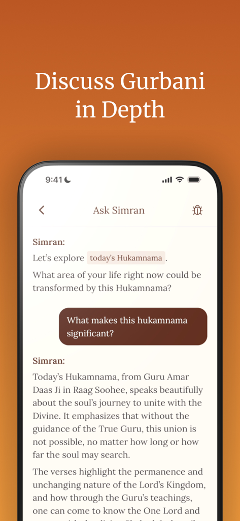 Simran - Sikh AI Chat - A mobile phone screen showing a chat interface where a user discusses Gurbani with the Simran AI assistant.
