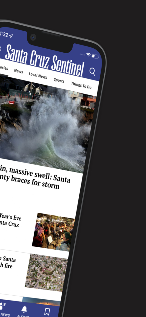 Santa Cruz Sentinel mobile app interface on a smartphone showing local news headlines and a storm report.