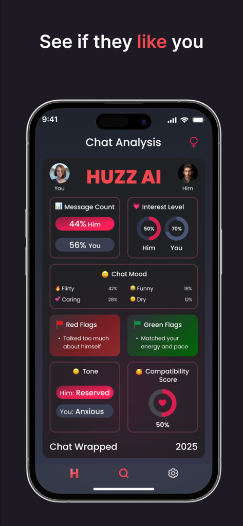 Huzz AI app screenshot showing chat analysis with metrics for interest level, mood, and compatibility.