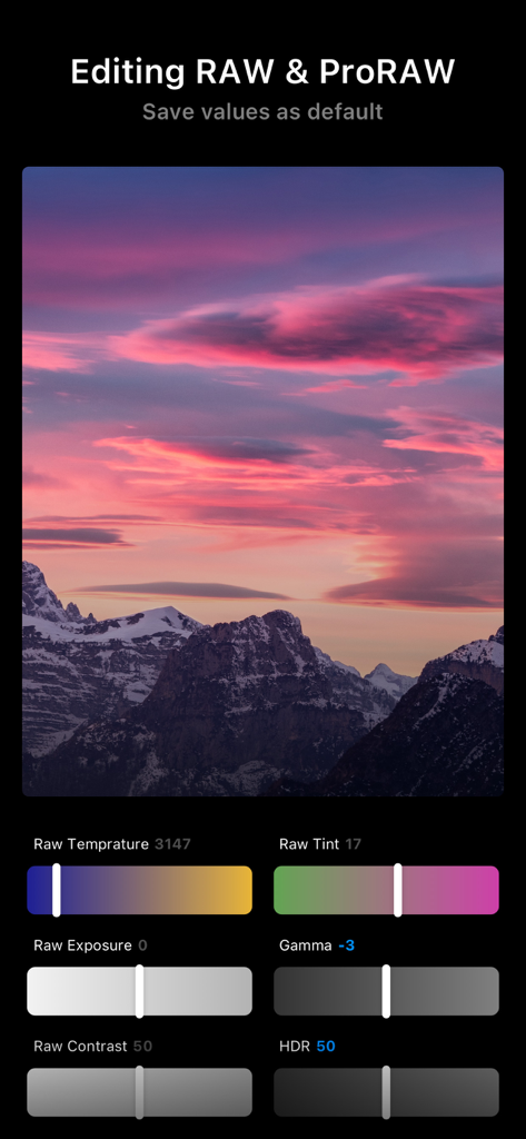 Interface de l'application Liit montrant les outils d'édition photo professionnels RAW et ProRAW avec un paysage de montagne au coucher du soleil.