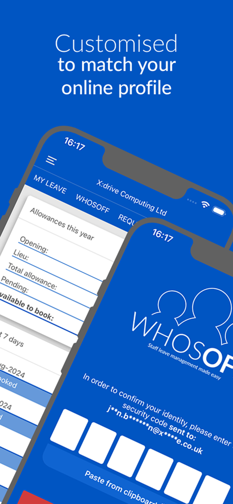 WhosOff. - WhosOff mobile app screens showing personal leave allowance details and a security code verification prompt for secure access.