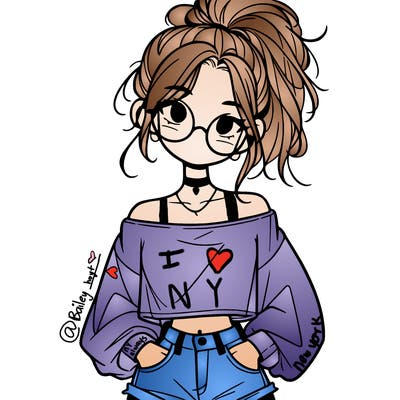 girl with a messy ponytail glasses a baggy crop top and jean shorts
