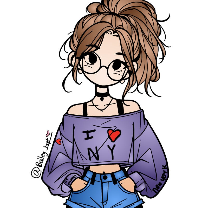 girl with a messy ponytail glasses a baggy crop top and jean shorts