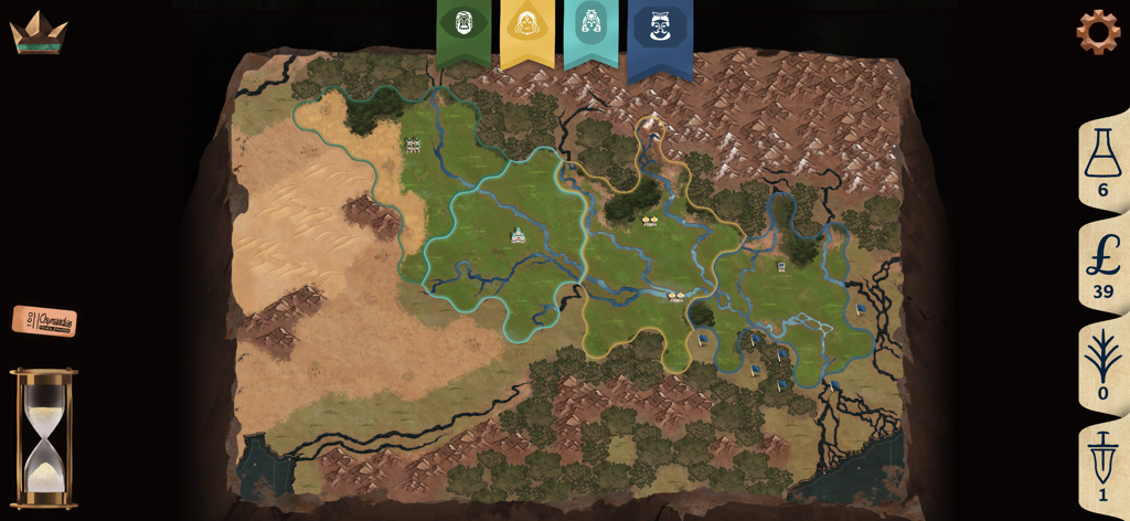 Ozymandias - Top down view of a hand painted Bronze Age map with colored empire borders and game interface in Ozymandias