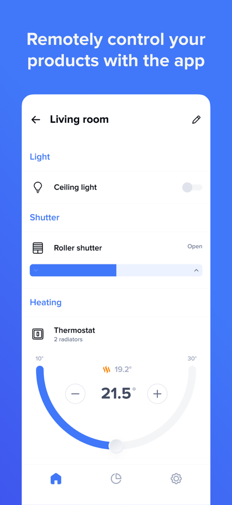 Interface of the Home + Control app showing remote management of lights shutters and heating for a living room.
