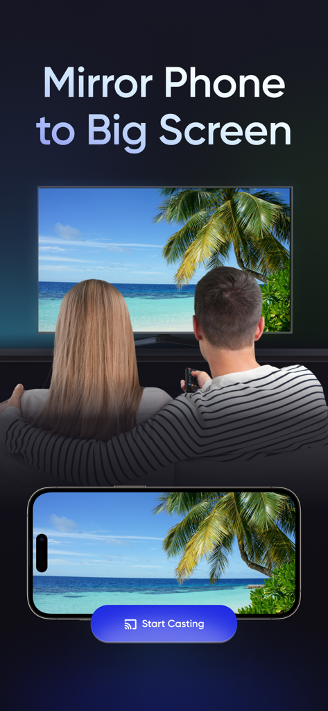 Screen Mirroring | TV Cast - Una pareja reflejando una foto de playa desde su teléfono a un televisor grande