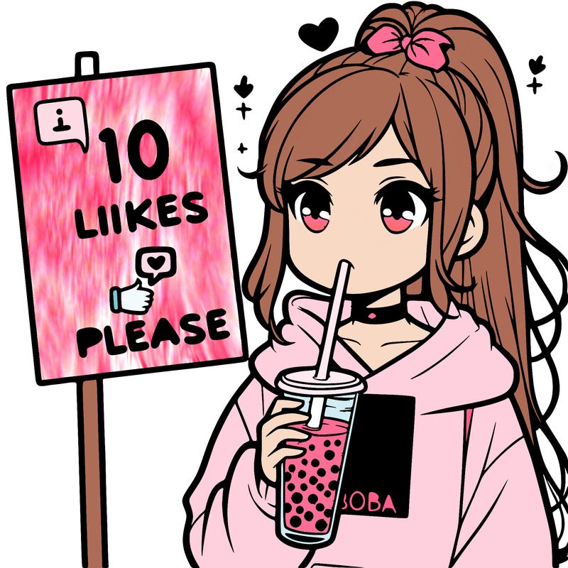 girl with a high ponytail and a hoodie drinking boba staring at a sign saying 10 likes please