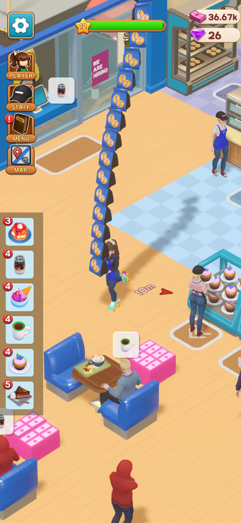 A staff member on roller skates carrying a tall stack of coffee bean bags inside a virtual cafe in Cafe Life Coffee Mania.