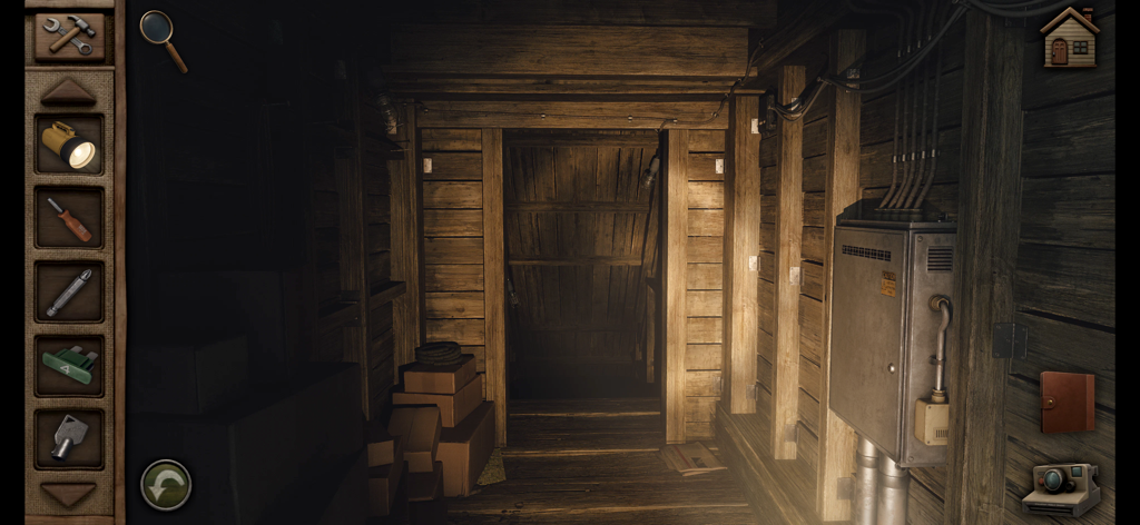 Aurora Hills: Chapter 1 - Dark wooden basement with electrical box and inventory interface in Aurora Hills Chapter 1