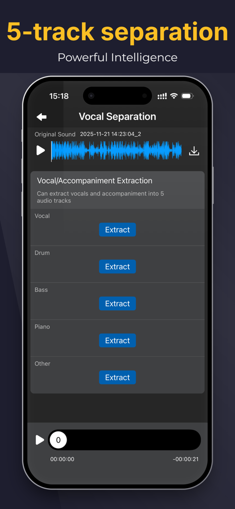 Interface de l'application montrant la séparation IA de 5 pistes pour les voix, la batterie, la basse, le piano et d'autres instruments.