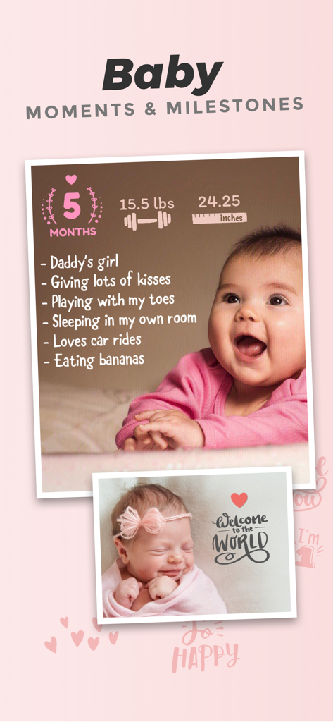 Baby photos with milestone stickers and text overlays showing growth and memories
