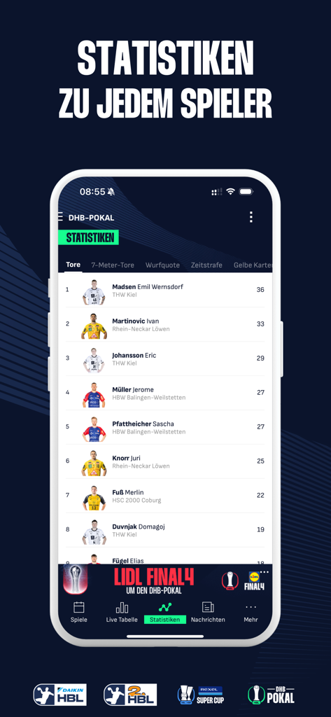 Pantalla de la aplicación DAIKIN Handball Bundesliga que muestra la tabla de clasificación de estadísticas de los máximos goleadores.