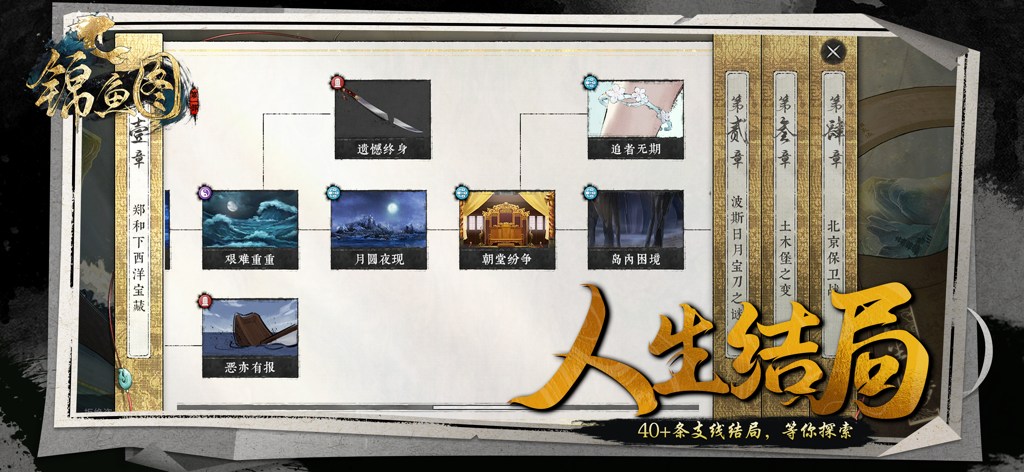 锦鱼图-国风探案剧情游戏 - Flowchart showing multiple branch endings and story paths in the Jin Yu Tu mobile game.