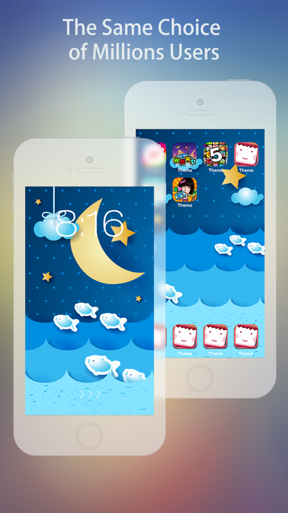 Cool Themes HD for iPhone 6 & 6 Plus - Free - A matching cartoon moon and ocean theme displayed on an iPhone lock screen and home screen.