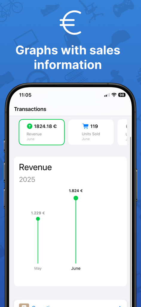 StockFlow: Warehouse control - StockFlow app interface showing a monthly revenue bar chart and sales statistics