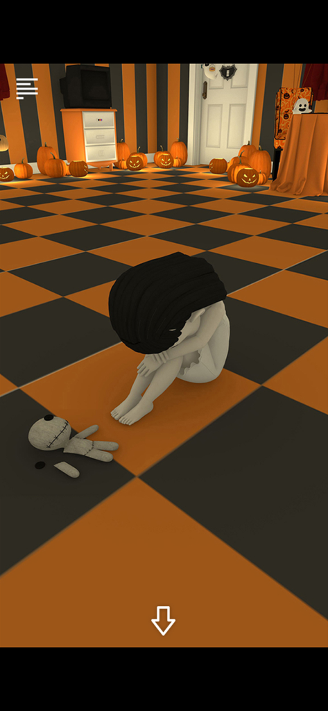 A character sits on a checkered orange and black floor next to a small doll in a room filled with jack-o-lanterns.